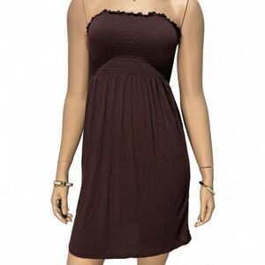 Y2K Imagination Vintage Smocked Tube Dress Brown Strapless Mini M/L Grunge